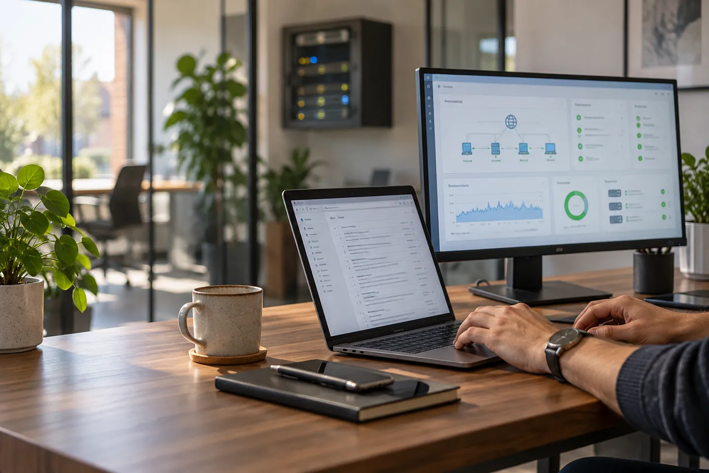 Poste de travail Xensystem : laptop et écran avec tableau de bord de supervision, équipements réseau et baie serveur en arrière-plan